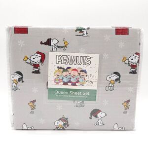 Berkshire Peanuts Snoopy Woodstock Christmas Holiday‎ Queen Sheet Set Gray New